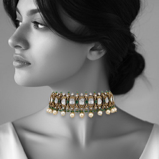 Antique Polki Choker with Emerald and Pearl Fringe